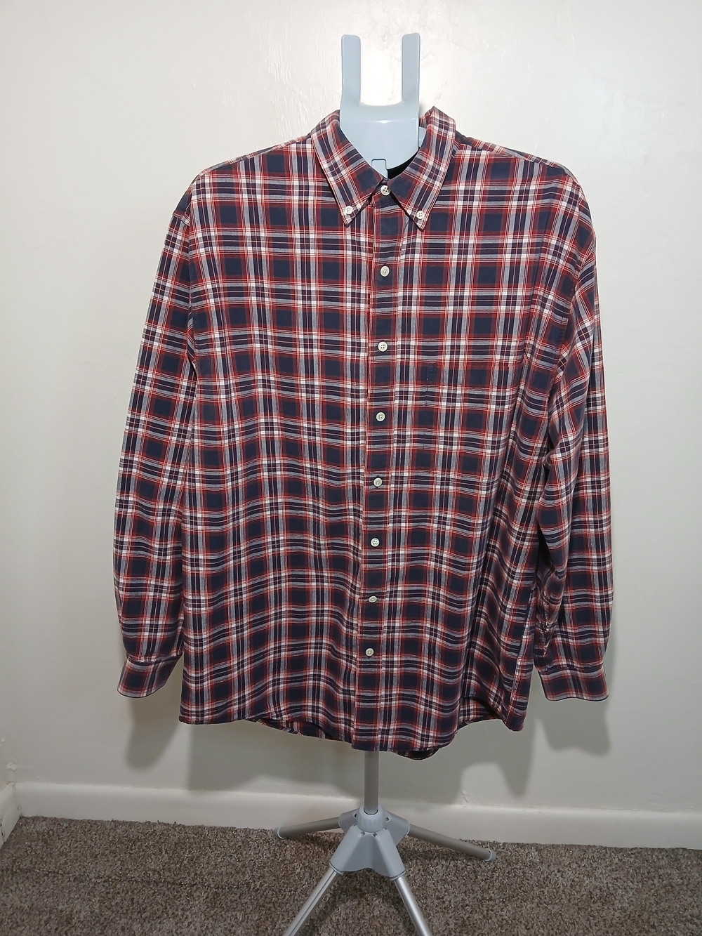 Eddie Bauer Navy, White and Red  Plaid Woven Tartan Button-Down Shirt Sz. L Tall